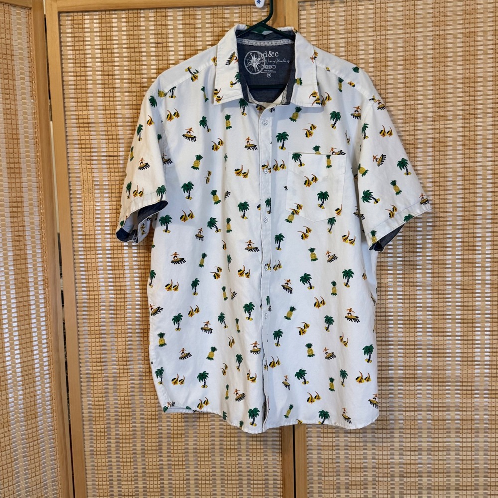 PD&C Mens 2X White Tropical Pineapple Palm Tree Surfer Button‎ Down Shirt Resort